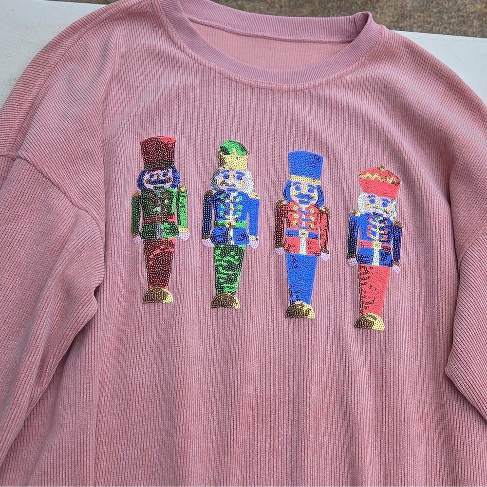 Boutique Pink Corded Corduroy Sequin Nutcracker Christmas Sweatshirt Size 2xl